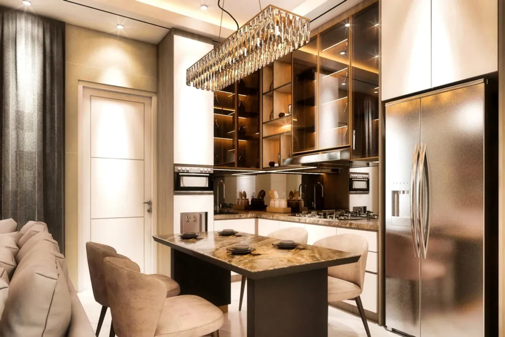 A stylish modern kitchen and dining area showcasing luxury interior design, ideal for custom home building.