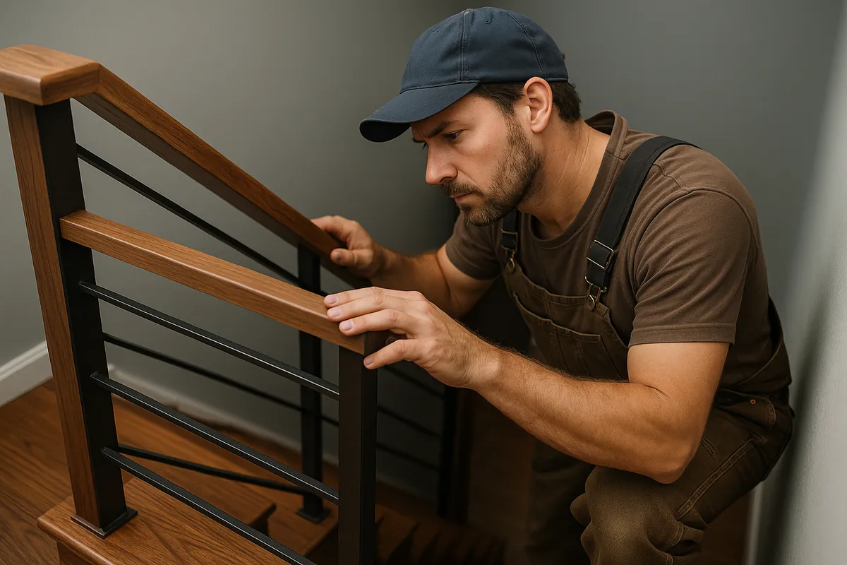 A close-up of a custom-built staircase with hardwood and metal accents, showcasing craftsmanship in basement remodeling.