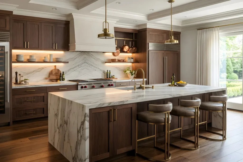 A custom wooden kitchen with marble countertops, showcasing elegant design for dream home inspiration.